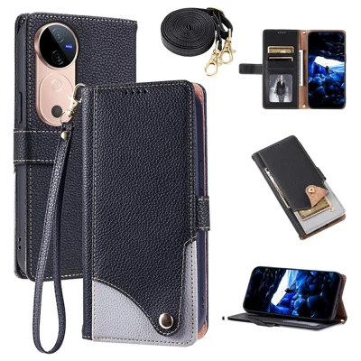 Cover in pelle per vivo V40 5G / V40 Pro 5G / S19 Pro 5G / T3 Ultra 5G con tracolla e cinturino da polso, doppio colore, slot multipli per carte, nera