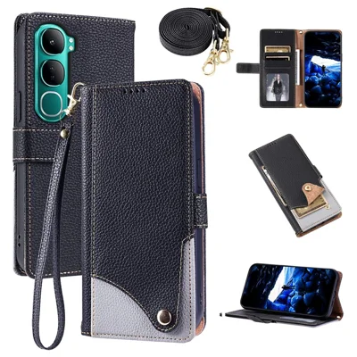 Cover in pelle per vivo V40 Lite (Indonesia) 4G / V40 Lite (Indonesia) 5G / Y300 5G / Y300 (Indonesia) 5G con tracolla e cinturino da polso, doppio colore, fessole multi-carta - Nero