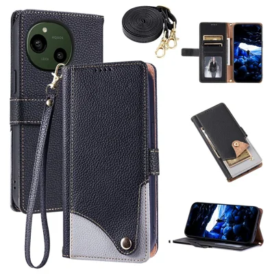 For Sharp Aquos R9 Leather Case with Wrist Strap and Shoulder Strap Dual Color Multi Card Slots Phone Cover - Black