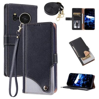 For Sharp Aquos Sense 7 Leather Case with Wrist Strap and Shoulder Strap Dual Color Multi Card Slots Phone Cover - Black