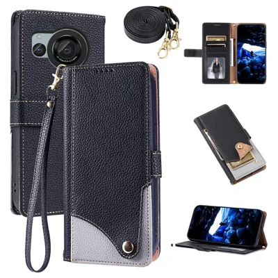 For Sharp Aquos R8 Leather Case with Wrist Strap and Shoulder Strap Dual Color Multi Card Slots Phone Cover - Black