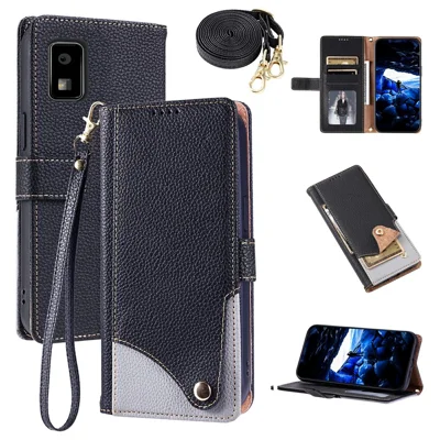 For Sharp Aquos Wish3 Leather Case with Wrist Strap and Shoulder Strap Dual Color Multi Card Slots Phone Cover - Black