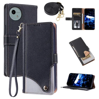 For Sharp Aquos Wish5 Leather Case with Wrist Strap and Shoulder Strap Dual Color Multi Card Slots Phone Cover - Black