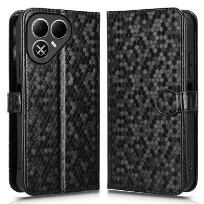 For TECNO Pova 8 5G Wallet Case Dot Pattern Imprint PU Leather Phone Cover with Wrist Strap - Black