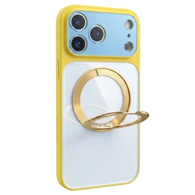 Til iPhone 17 Pro Max / 18 Pro Max Case Kompatibel med MagSafe Color Block PC+TPU Telefonbeskytter med Roterende Støttefod - Gul+Hvid+Blå