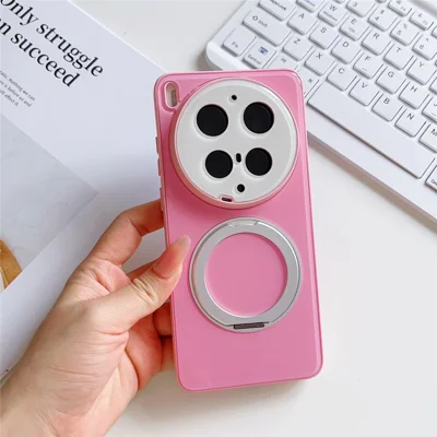 For vivo X300 Ultra 5G Case Magnetic Rotating Kickstand Colorblock Design PC + TPU Phone Cover - Pink+White