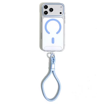 For iPhone 18 Pro / 17 Pro Magnetic Case Ultra Thin Clear PC Phone Back Cover with Wrist Strap - Sky Blue