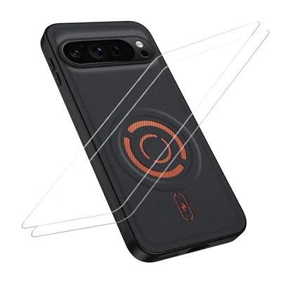 WANLONFENG for Google Pixel 9 Pro KJB1 Series Magnetic Case with 2Pcs Tempered Glass Screen Protector Tech Fabric Texture PC+TPU Phone Cover - Black