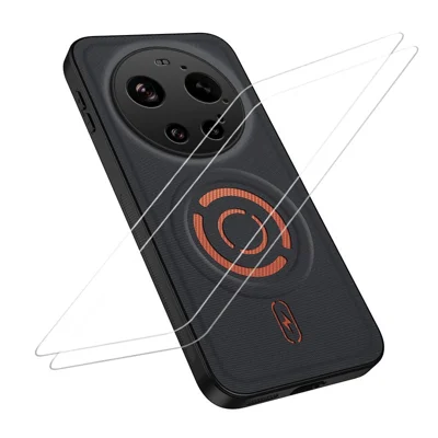  WANLONFENG for Xiaomi 17 Ultra 5G KJB1 Series Magnetic Case with 2Pcs Tempered Glass Screen Protector Tech Fabric Texture PC+TPU Phone Cover - Black