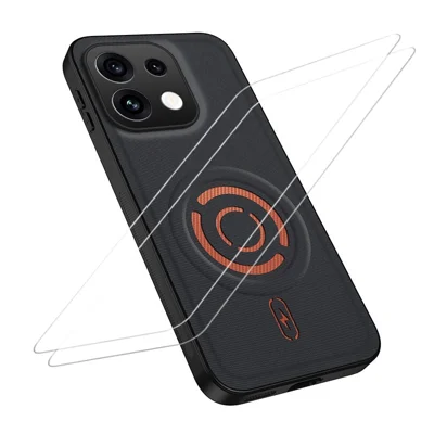 WANLONFENG för Oppo Reno16 FS 5G / Oppo Reno16 F 5G KJB1 Serie Magnetisk Skal med 2 st Härdat Glas Skärmskydd Tech Tygstruktur PC+TPU Mobilskal - Svart