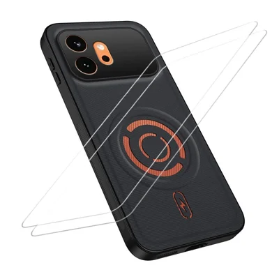 WANLONFENG pour Honor 600 5G Série KJB1 Étui Magnétique avec 2 Pièces de Protecteur d'Écran en Verre Trempé Texture en Tissu Technique Coque de Téléphone PC+TPU - Noir