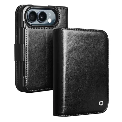 QIALINO For iPhone Duo Case Genuine Cow Leather Stand Wallet Phone Cover - Black
