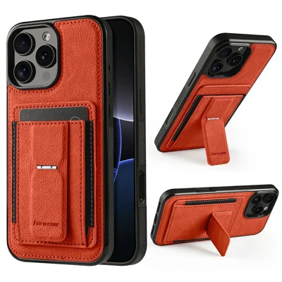 FORWENW F9 Series etui na iPhone 16 Pro z sztucznej skóry PU + TPU z funkcją blokowania RFID, uchwytem na karty i podstawką - pomarańczowy