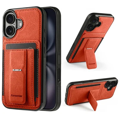FORWENW F9 Series per iPhone 16 Custodia in PU Leather + TPU con Porta Tessere RFID Blocking e Supporto a Cavalletto - Arancione