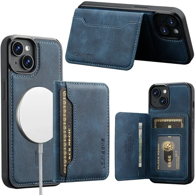 LC.IMEEKE L7 Serie für iPhone 15 Magnetische Hülle Leder + TPU Handyhülle mit Abnehmbarem Kartenhalter – Blau