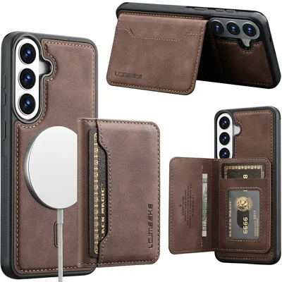 LC.IMEEKE L7 Series for Samsung Galaxy S24 FE Magnetic Case Leather + TPU Phone Cover with Detachable Card Holder - Coffee