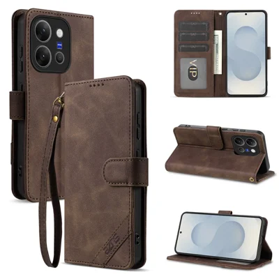 AZNS A2 for vivo X300 E 5G Leather Case with Wrist Strap RFID Blocking Wallet Stand Phone Cover - Brown