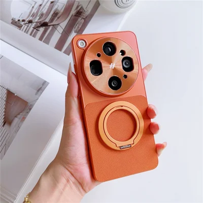 Cover magnetico per Oppo Find X9 Ultra 5G con supporto metallico, texture a griglia, tessuto tecnico, rivestimento in PC + TPU - Arancione