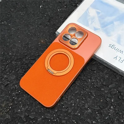 Magnetische Hülle für Xiaomi 17 Max mit Metall-Ständer, Gitter-Textur, technischem Stoff beschichtete PC + TPU-Handyhülle - Orange