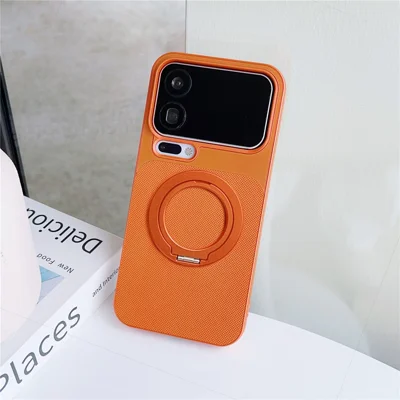 لـ Xiaomi 17 Pro Max غطاء مغناطيسي مع حامل معدني ونسيج شبكي وغطاء من مادة البولي كربونات المطاطية باللون البرتقالي