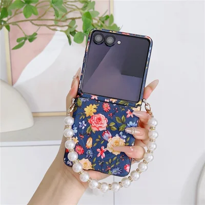 For Samsung Galaxy Z Flip8 Magnetic Case Floral Pattern PC + Fabric Protective Phone Cover with Pearl Beaded Strap - Blue