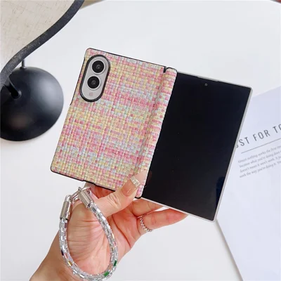 For Samsung Galaxy Z Fold8 Case Woven Texture Fabric + PC Protective Cover with Detachable Rhinestone Hand Strap - Colorful