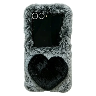 Phone For Samsung Galaxy Z Flip8 Case 3D Heart Plush Hard PC Fluffy Protective Cover - Dark Grey+Black