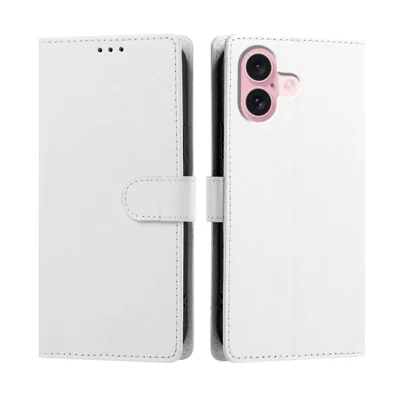  Für iPhone 16 Hülle Seidentextur PU-Leder Brieftasche Flip-Ständer Handyhülle mit Handschlaufe - Weiß