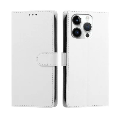 Für iPhone 16 Pro Case Seidenoptik PU-Leder-Mappen-Flip-Ständer-Handyhülle mit Handschlaufe - Weiß