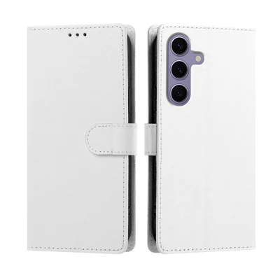  For Samsung Galaxy S24 FE Case Silk Texture PU Leather Wallet Flip Stand Phone Cover with Wrist Strap - White