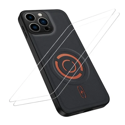 WANLONFENG voor iPhone 15 Pro Max KJB1-serie magnetische hoes met 2 stuks gehard glas screenprotector Tech-stoffenstructuur PC+TPU telefoonhoes - Zwart