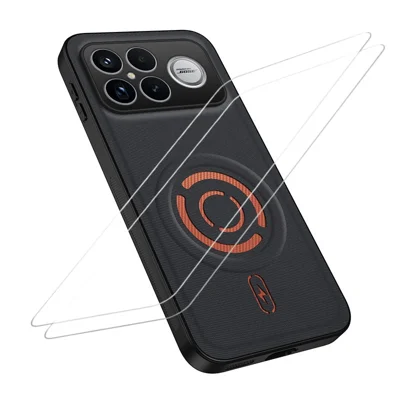  WANLONFENG for Xiaomi Redmi K90 Pro Max 5G / Xiaomi Poco F8 Ultra KJB1 Series Magnetic Case with 2Pcs Tempered Glass Screen Protector Tech Fabric Texture PC+TPU Phone Cover - Black