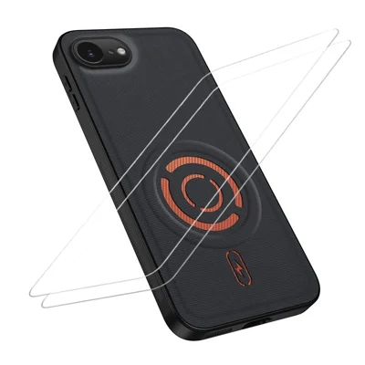  WANLONFENG na iPhone 16e / iPhone 17e seria KJB1 Obudowa magnetyczna z 2 szt. ochronnikami ekranu ze szkła hartowanego, faktura tkaniny technicznej, pokrowiec PC+TPU - Czarny
