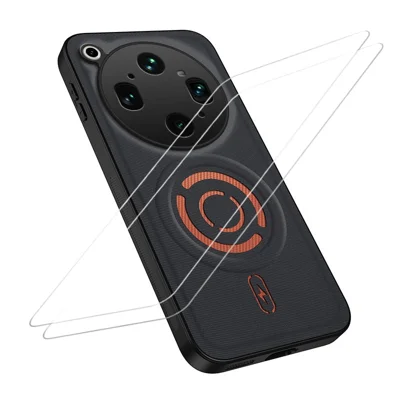 WANLONFENG para Oppo Find X9 Ultra 5G KJB1 Serie Funda Magnética con 2 Unidades de Protector de Pantalla de Vidrio Templado Textura de Tela Técnica Funda para Teléfono PC+TPU - Negro