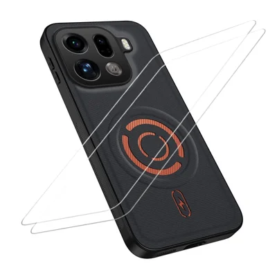  WANLONFENG for Oppo Find X9 Pro 5G KJB1 Series Magnetic Case with 2Pcs Tempered Glass Screen Protector Tech Fabric Texture PC+TPU Phone Cover - Black