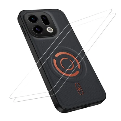 WANLONFENG لجهاز Oppo Find X9 5G سلسلة KJB1 غطاء مغناطيسي مع واقي شاشة زجاجي مقسى 2 قطعة، مصنوع من قماش تقني وغطاء هاتف من مادة البولي كربونات + البولي يوريثين الحراري - أسود