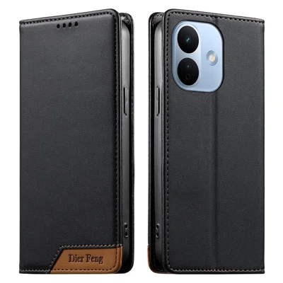 DIERFENG DF-018 til Xiaomi Redmi Note 17 Pro Max 5G Etui med RFID-blokerende pung i læder med farvesplejsning ved logo - Sort