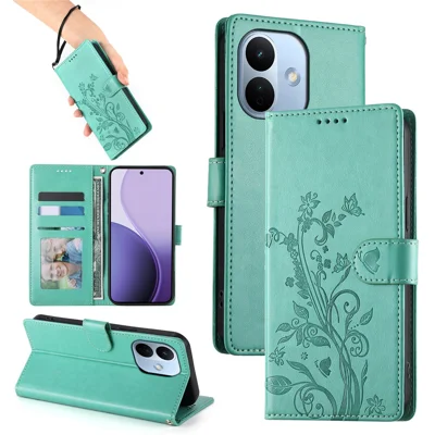 For Xiaomi Redmi Note 17 Pro 5G Wallet Case Butterfly Floral Imprint PU Leather Phone Cover with Wrist Strap - Green