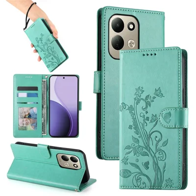 For Xiaomi Poco C95 Pro Wallet Case Butterfly Floral Imprint PU Leather Phone Cover with Wrist Strap - Green