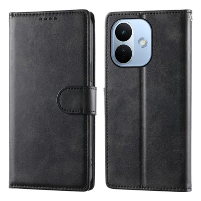 For Xiaomi Redmi Note 17 Pro 5G Case Stand Wallet Calf Texture PU Leather Flip Phone Cover with Wrist Strap - Black