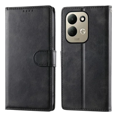 For Xiaomi Poco C95 Pro Case Stand Wallet Calf Texture PU Leather Flip Phone Cover with Wrist Strap - Black