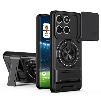 Étui magnétique pour Motorola Edge 60 5G / Edge 60 Fusion 5G avec anneau support et pied intégré pliable, housse TPU PC avec couvercle coulissant pour appareil photo - Noir