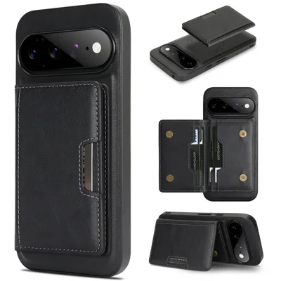  For Google Pixel 11 Pro XL Magnetic Case Bi-fold Card Bag Kickstand PU Leather Coated TPU Cover - Black