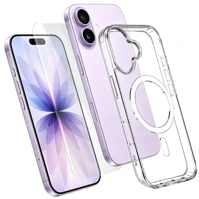  For iPhone 17 Magnetic Case TPU+PC Transparent Phone Cover with High Aluminium-silicon Glass Screen Protector - Transparent