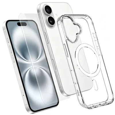 För iPhone 16 Magnetisk Skåll TPU+PC Transparent Telefonhölje med Hög Aluminium-silikon Glas Skärmskydd - Transparent