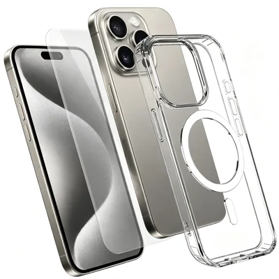 Pour iPhone 15 Pro Max Coque Magnétique TPU+PC Transparente avec Protecteur d'écran en Verre Aluminosilicate Haute Résistance - Transparent