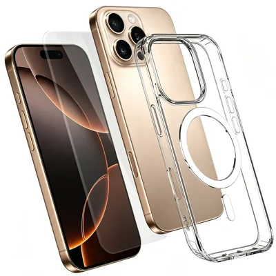 Coque magnétique pour iPhone 16 Pro, housse transparente TPU+PC avec protecteur d'écran en verre aluminosilicate haute résistance - Transparent