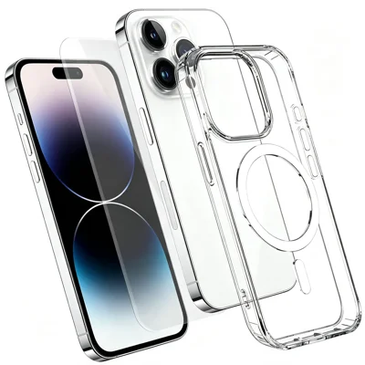 Coque magnétique pour iPhone 14 Pro Max, housse transparente TPU+PC avec protecteur d'écran en verre aluminosilicate haute résistance - Transparent