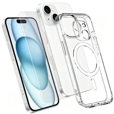  For iPhone 15 Magnetic Case TPU + PC Clear Phone Cover with High Aluminium-silicon Glass Screen Protector + Tempered Glass Lens Protector - Transparent