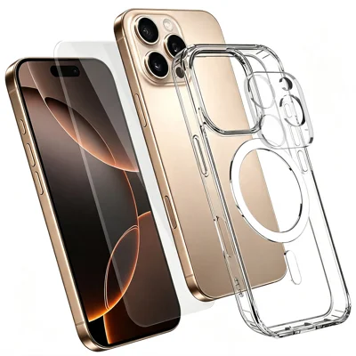  For iPhone 16 Pro Magnetic Case TPU + PC Clear Phone Cover with High Aluminium-silicon Glass Screen Protector + Tempered Glass Lens Protector - Transparent